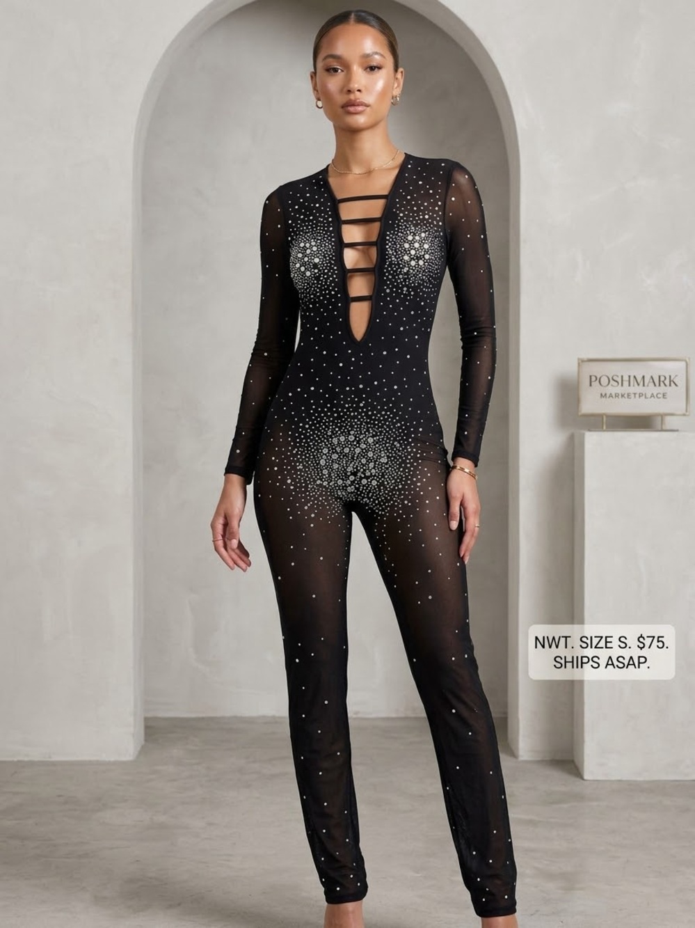 NWT Black Sheer Mesh Rhinestone Caged Cutout Long Sleeve Jumpsuit Catsuit